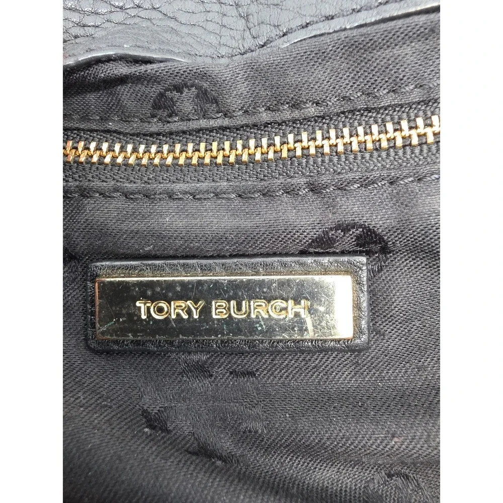 Tory Burch Amanda Black Pebbled Leather Crossbody Messenger Bag Logo Flap‎